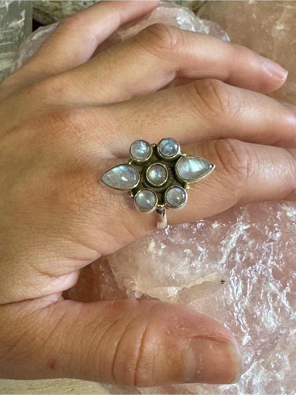 Sterling Silver Moonstone Cluster Ring - Iridescent White Moonstone Size 10